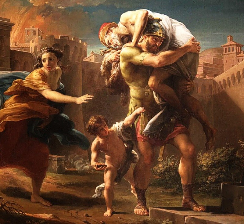 aeneas troiadan cıkıyor ve babasını taşıyor oil on canvas